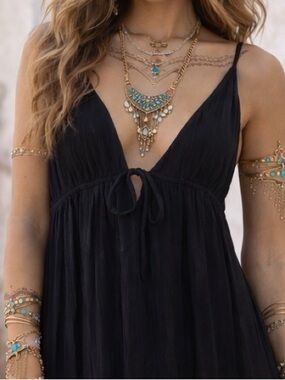 Bohemian Black Princess Halter Top Handmade Maxi Dress Size Large XL NWT